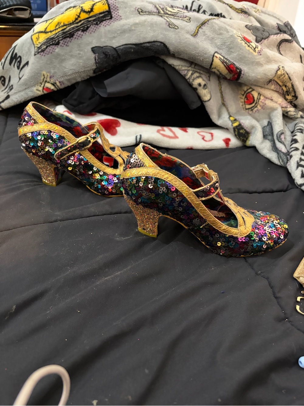 Multicolor Sequin Mary Jane Heels with Gold Trim
